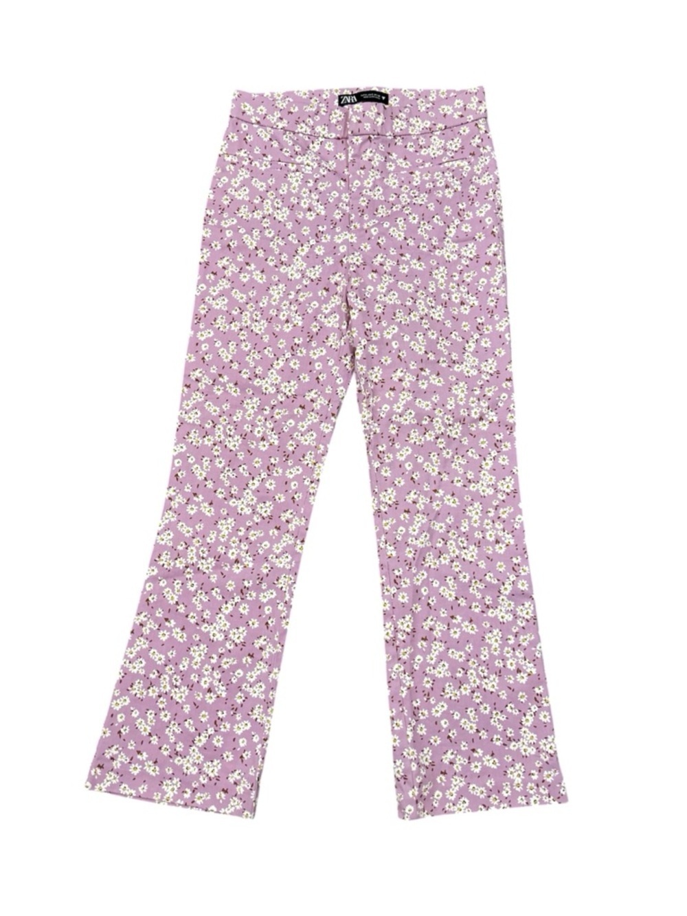 Zara Floral Crop Flare Pants Small Pink Daisy Print High Rise NWOT